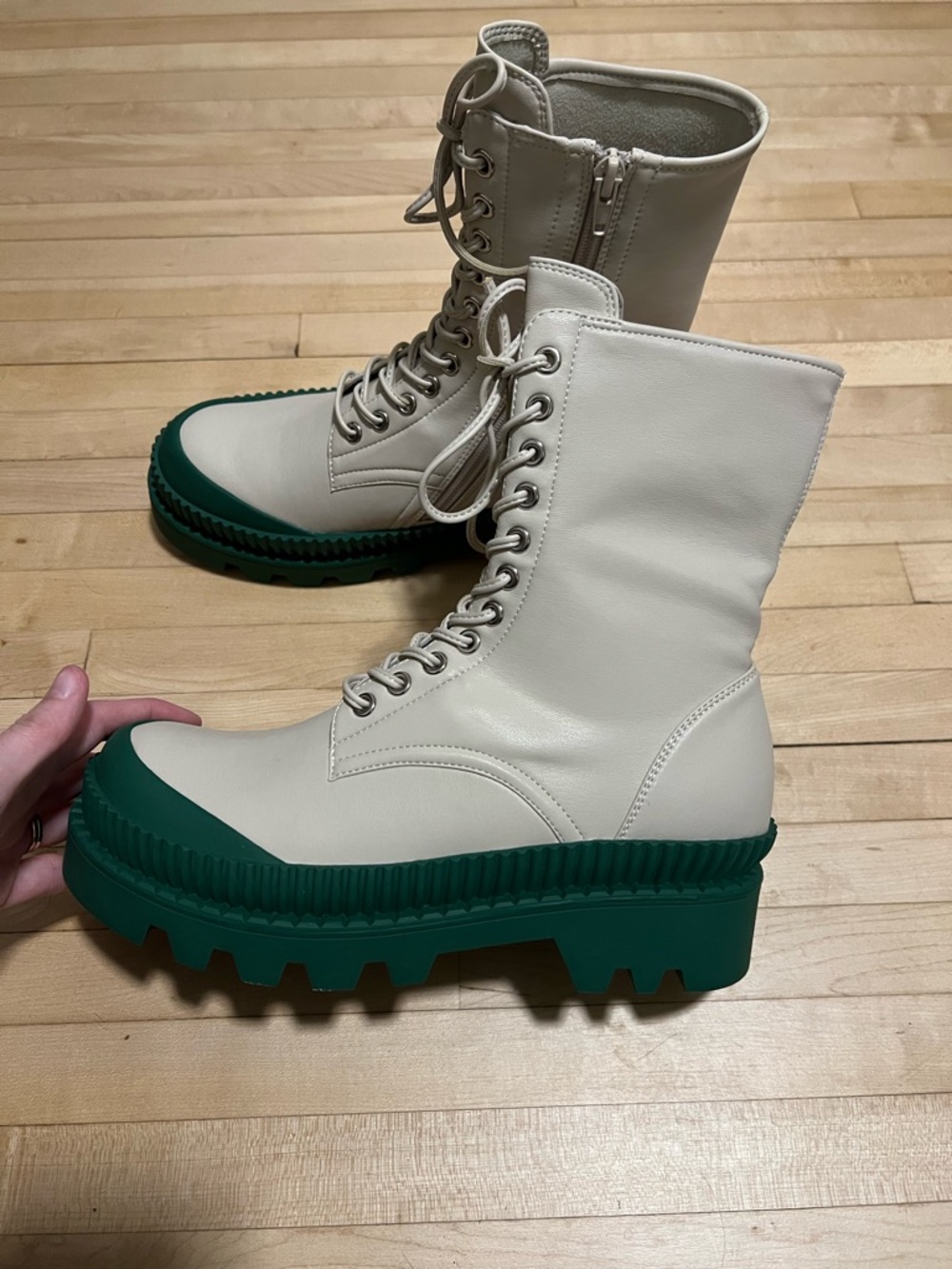 Jeffrey Campbell Cream Lace-Up Boots with Green Lug Sole